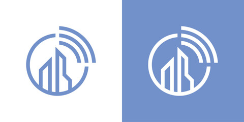 A modern logo combining a building and WiFi signal, symbolizing smart city, digital connectivity, and modern communication.