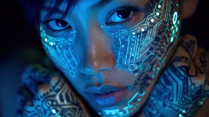 Woman face with neon circuit design
