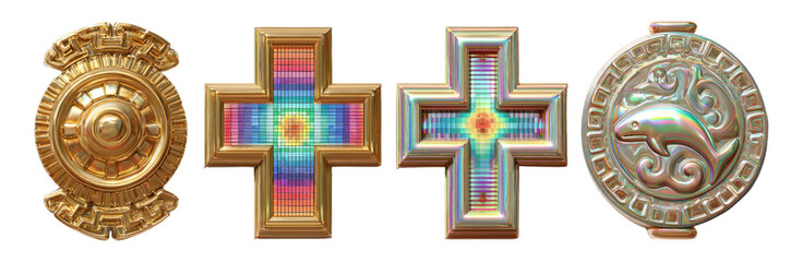 Decorative metallic objects with intricate designs in vibrant colors