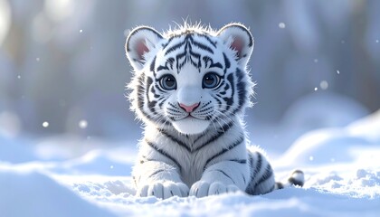 Adorable fluffy white tiger cub posing in the snow, smiling sweetly