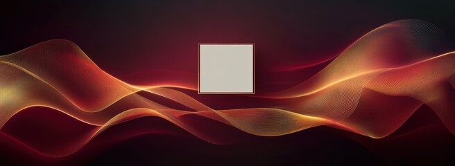 Abstract flowing light waves in shades of red, orange, and yellow on a dark background with a central empty square frame