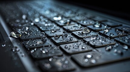 Keyboard Elegance: A close-up shot of a sleek laptop keyboard is adorned with pristine water droplets, a display of technology and elegance.