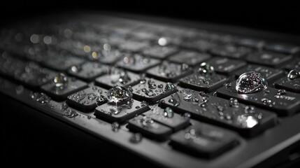 Resilient Technology: A close-up view of a sleek, black keyboard glistens with droplets of water, showcasing its robust design and technological prowess.