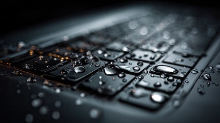 Tech's Imperfection: Drops of water clinging to the keys of a modern device, symbolizing the unexpected vulnerability of technology in a world of innovation.