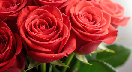 Close Up of Fresh Red Roses with Dew Drops and Velvety Petals