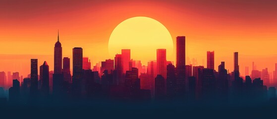 Fototapeta premium Silhouetted city skyline with numerous skyscrapers against a large glowing sunset, creating a dramatic and vibrant orange and red atmosphere