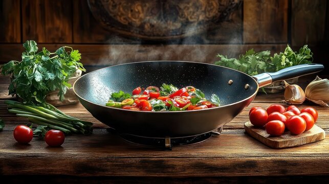 steaming wok with stir-fried colorful vegetables including cherry tomatoes and greens surrounded by fresh herbs and garlic on rustic wooden table