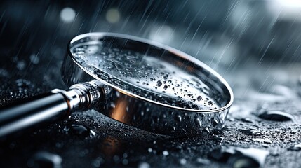 Magnifying Glass in Rain: A close-up shot of a magnifying glass amidst raindrops, capturing a moody scene of investigation and detail.