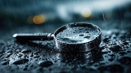 Magnifying Glass in the Rain: A close-up shot of a magnifying glass resting on a rain-soaked surface, water droplets clinging to its lens, reflecting the somber ambiance of the downpour. 