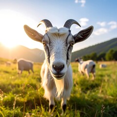 Fototapeta premium Close-up of a goat staring at the camera, bathed in golden sunlight