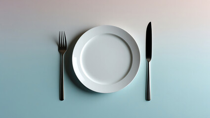 Empty White Plate with Fork and Knife on Gradient Background - AI Generated