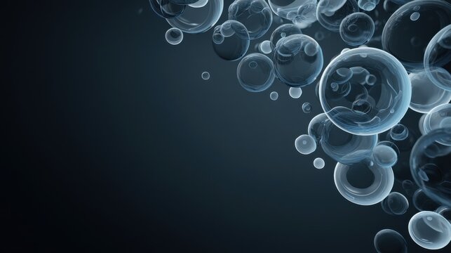 floating 3D spheres and rings in blue-gray tones, right side empty for text, dark background