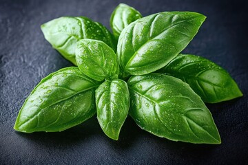 Fototapeta premium Close-up of fresh green basil leaves with water droplets on a dark textured surface