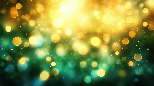 Abstract glowing bokeh lights with blurred yellow and green circular shapes creating a dreamy and festive atmosphere