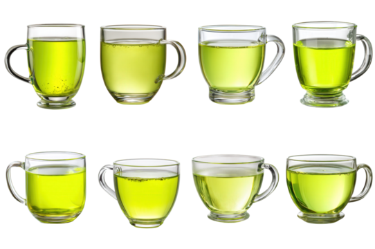 Eight distinct servings of hot green tea, each perfectly brewed and presented in a clear glass mug, offering a comforting and healthy beverage option