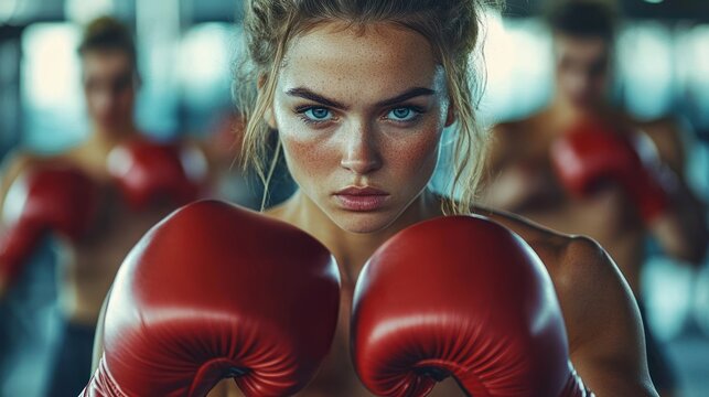 Focused young woman with intense gaze wearing red boxing gloves training in a gym with blurred figures in the background - Powered by Adobe