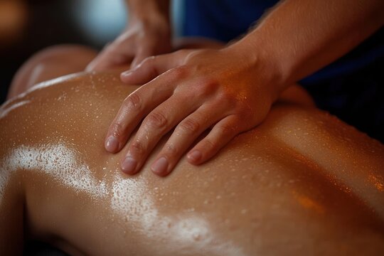 Close-up of hands giving a relaxing massage on a bare back with oil glistening on the skin