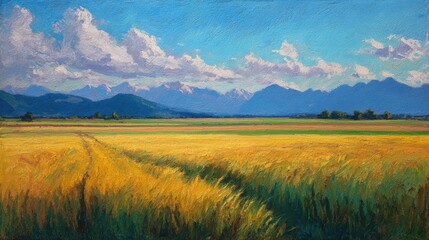Vibrant Landscape of Wheat Fields Under Blue Sky with Mountains