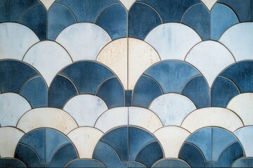 Close-up of blue and white ceramic tiles arranged in a repetitive scalloped pattern creating a textured wall surface