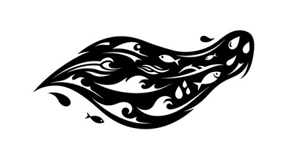Abstract black and white illustration of a flowing river with fish.