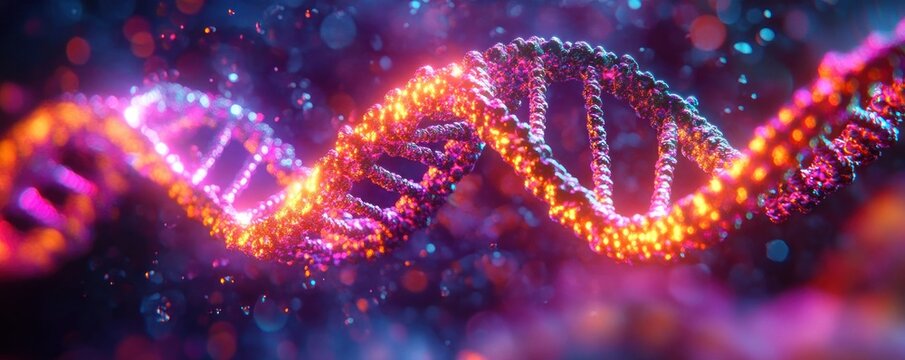 Close-up view of glowing and colorful DNA double helix strands floating in a vibrant, bokeh-filled dark background conveying a sense of complexity and wonder - Powered by Adobe