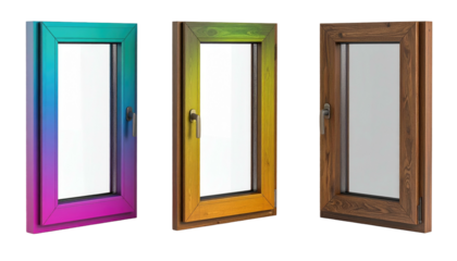 Three rectangular windows with vibrant, gradient-painted wooden frames, set against a dark, plain background