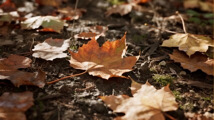 Autumn leaves scattered on forest ground, illuminated by sunlight