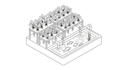 Aquaponics System Illustration - Sustainable Agriculture and Fish Farming.