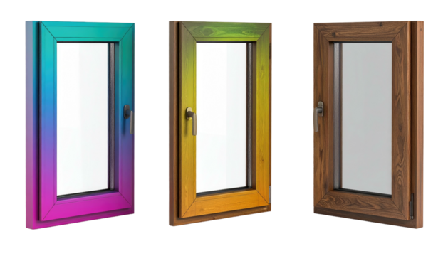 Three rectangular windows with vibrant, gradient-painted wooden frames, set against a dark, plain background