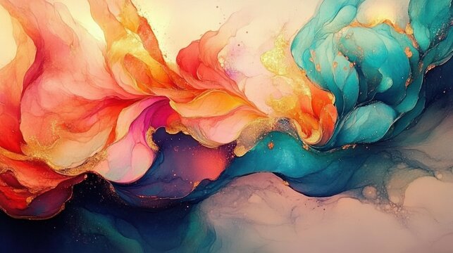 fluid abstract painting with swirling vibrant colors including reds, oranges, pinks, gold, and blues, evoking a sense of movement and energy