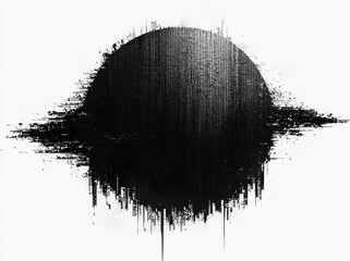 Abstract black circular shape with textured vertical and horizontal glitch-like distortions on a white background, evoking a digital, futuristic, and mysterious atmosphere