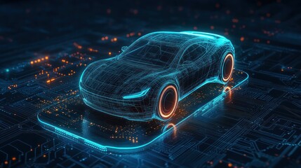 Futuristic digital wireframe of a sleek car on a glowing circuit board representing advanced automotive technology and connectivity