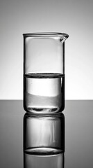 Clear Glass Beaker with Water and Reflection on Dark Surface