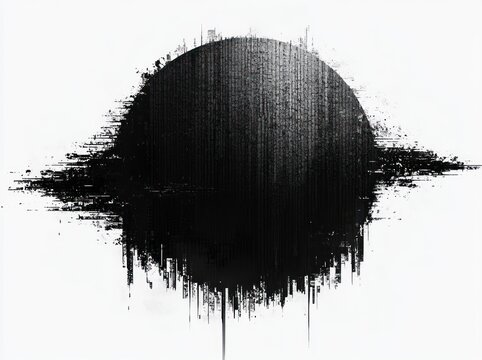 Abstract black circular shape with textured vertical and horizontal glitch-like distortions on a white background, evoking a digital, futuristic, and mysterious atmosphere - Powered by Adobe