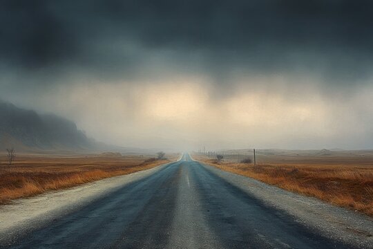 Desolate long straight road through barren landscape under dark cloudy sky with distant mountains and moody atmosphere