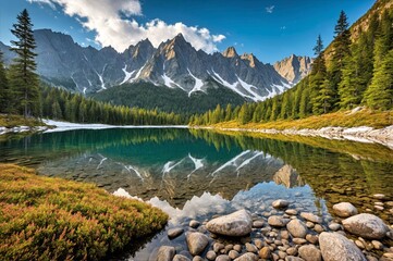 Pristine Alpine Lake with Perfect Mountain Reflections and Turquoise Waters