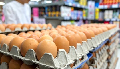 Close-up of stacked egg cartons at grocery store with blurred person