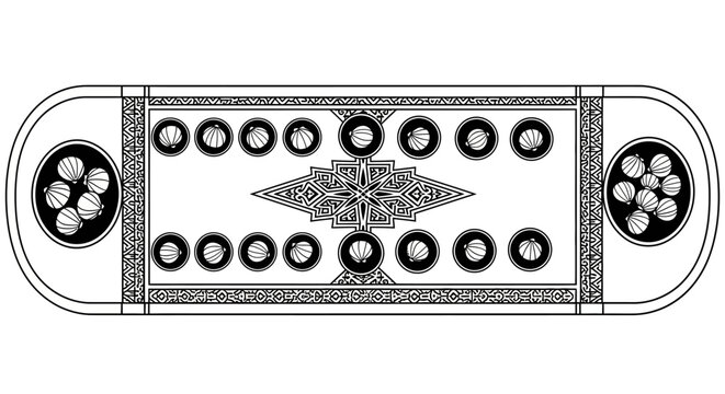 Black and white line drawing of a traditional Mancala board game.