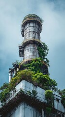 Fototapeta premium Abandoned Industrial Tower Surrounded by Lush Greenery and Sky