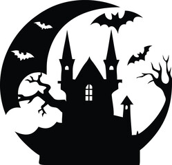 Spooky Halloween Silhouette Scene with Haunted Gothic House, Full Moon, Bats, and Twisted Trees – Black and White Illustration