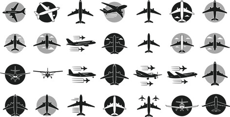 Black and White Airplane Icon Set Featuring Diverse Aircraft Styles, Views, Motion Elements, and Formation Graphics for Aviation-Themed Design Projects