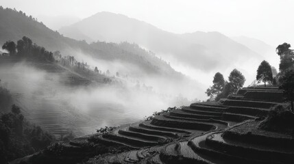 Misty Terraced Landscape in Black and White with Rolling Mountains