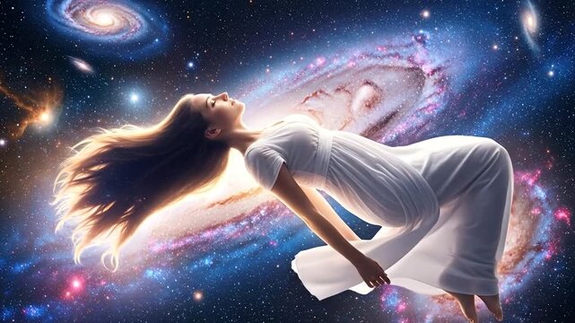 Dreamy young woman peacefully floating in colorful galaxy of stars and dreams