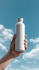 Hand Holding White Water Bottle Against Bright Blue Sky and Clouds