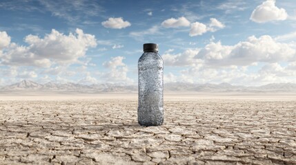 Desolate Landscape with a Plastic Bottle on Dry Arid Ground
