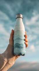 Hand Holding Water Bottle with Mountain Design Against Sky