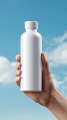 Hand Holding Blank White Plastic Bottle Against Blue Sky Background
