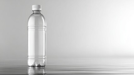Clear Plastic Bottle on Calm Water Surface with Gray Background