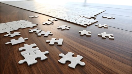 Fototapeta premium Overhead view of scattered jigsaw puzzle pieces on a wooden table