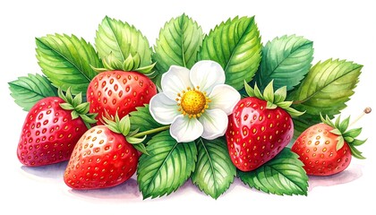 Colorful watercolor illustration of ripe strawberries and green leaves